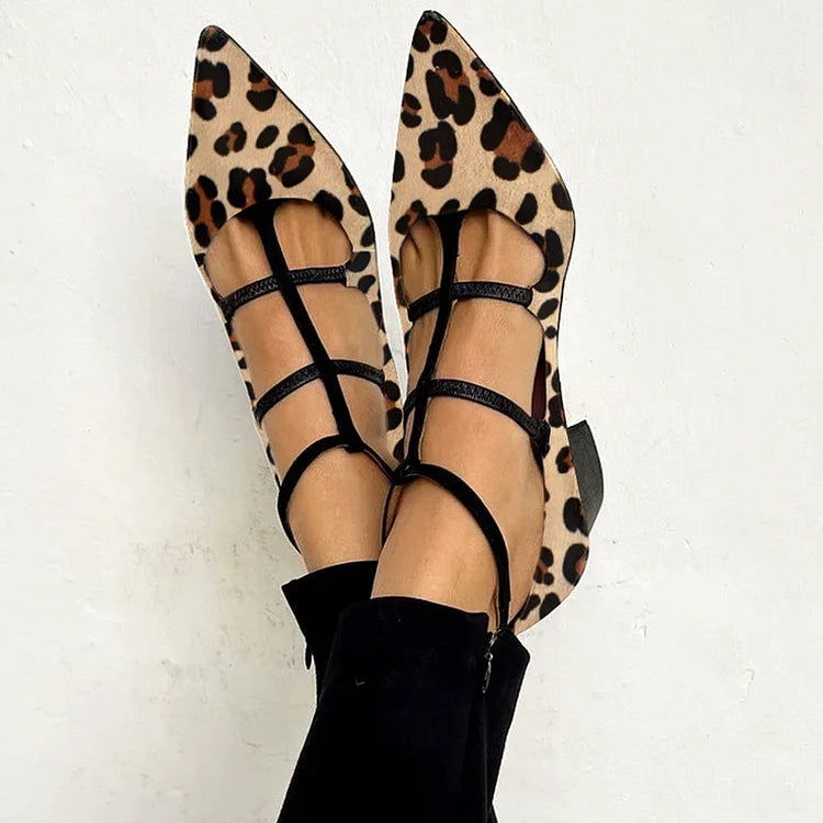 Damskie Płaskie Buty W Panterkę Szpiczaste Paski