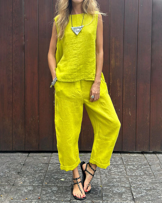chaleco liso sin mangas-pantalón-lino de algodón-conjunto de dos piezas