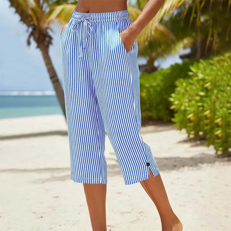 Damskie Spodnie Capri w Paski z Wiązaniem