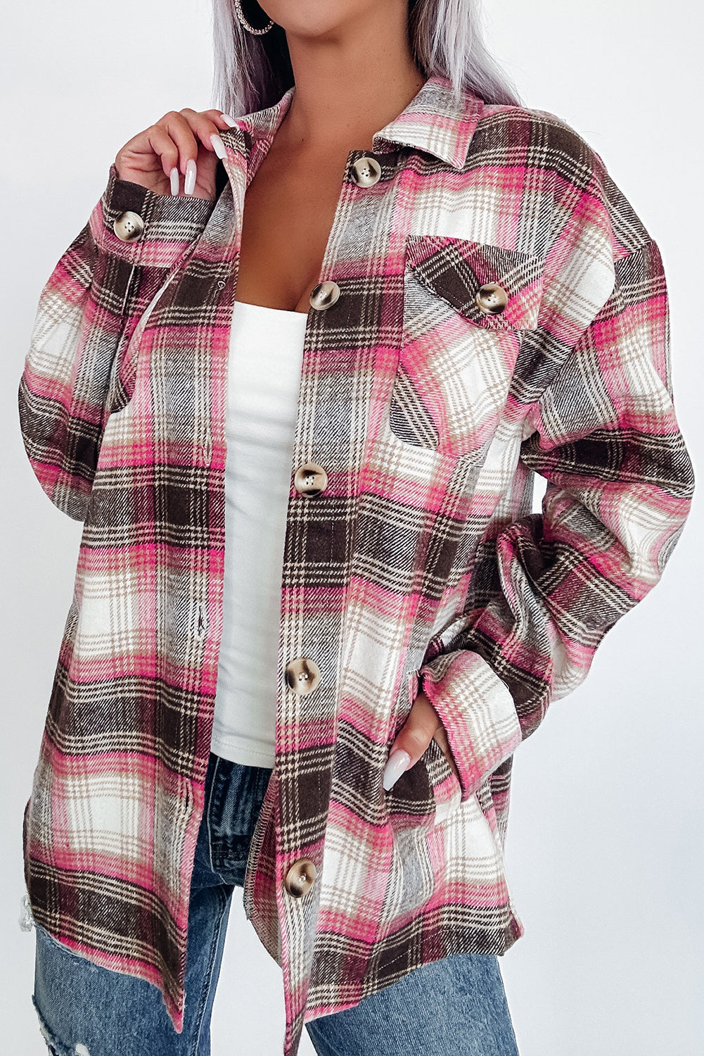 Xanel Shacket | Casual Pink Plaid Flap Pocket Shacket