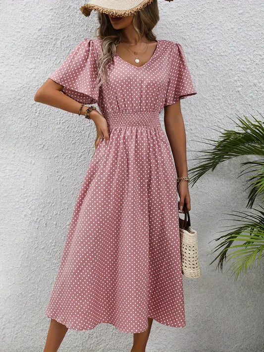Vestido con estampado all-over y cintura redondeada, vestido casual con manga corta