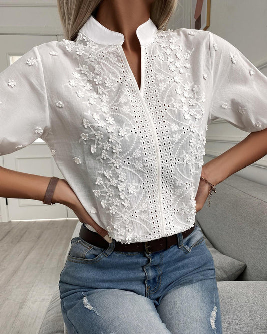 Diana - Blusa de encaje para mujer, escote alto, cuello en V