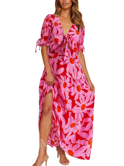 Vestido de playa casual con estampado floral, manga corta y escote en V con abertura