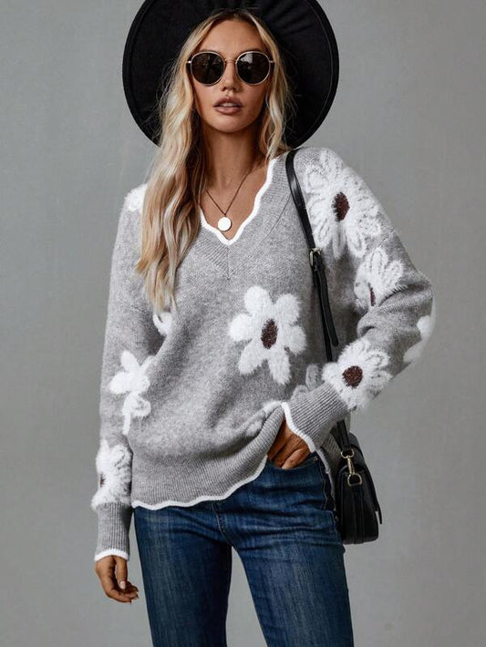 Suéter floral con cuello en V Karen Grey