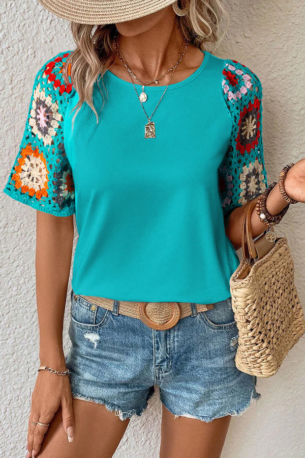 Hanna - Top de ganchillo de manga corta con estampado floral