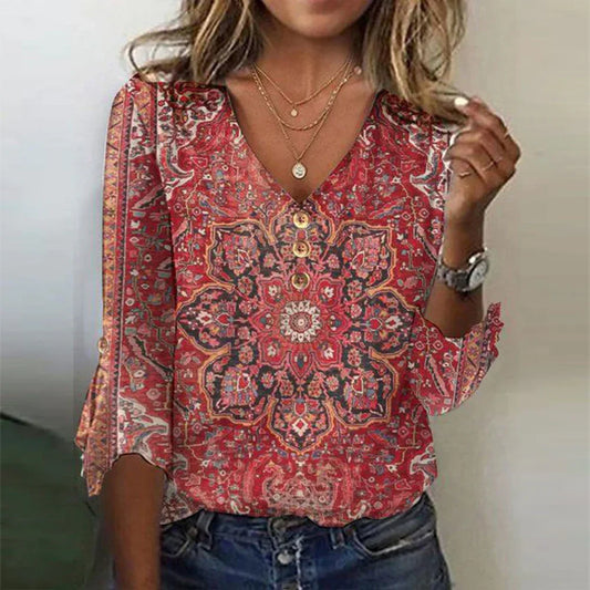 Helena - Top rojo estampado con mangas 3/4 y escote en V