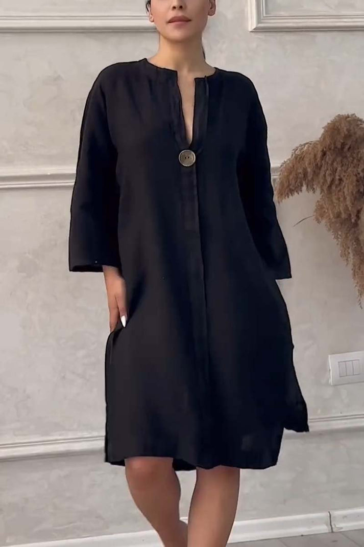 vestido casual de algodón y lino con cierre de botón