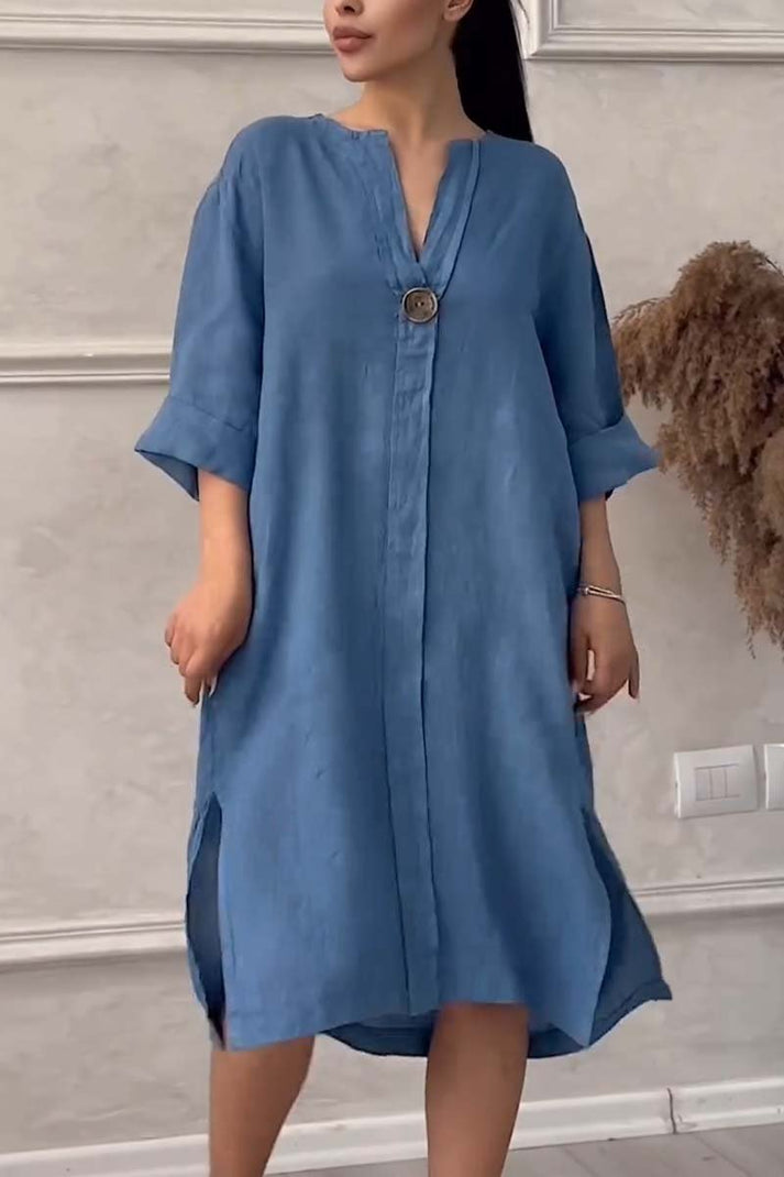 vestido casual de algodón y lino con cierre de botón