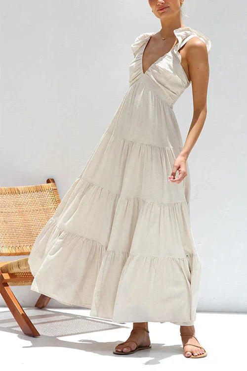 maxi vestido sin mangas con escote en V y volantes
