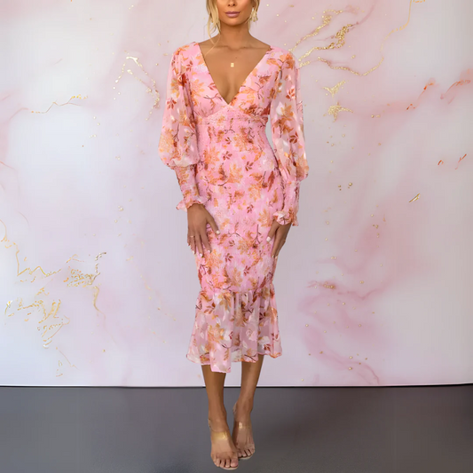 Vestido midi con estampado floral, cuello en V y mangas largas abullonadas