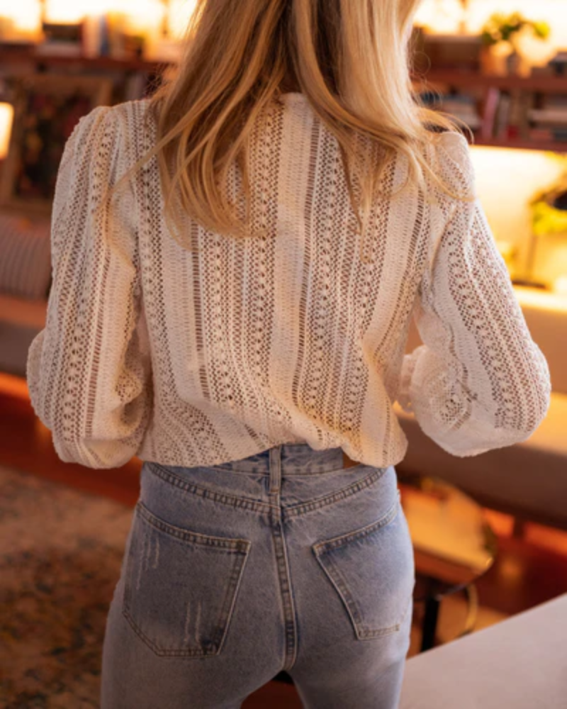 Damska Bluzka Koronkowa W-Dekolt Długi Rękaw
