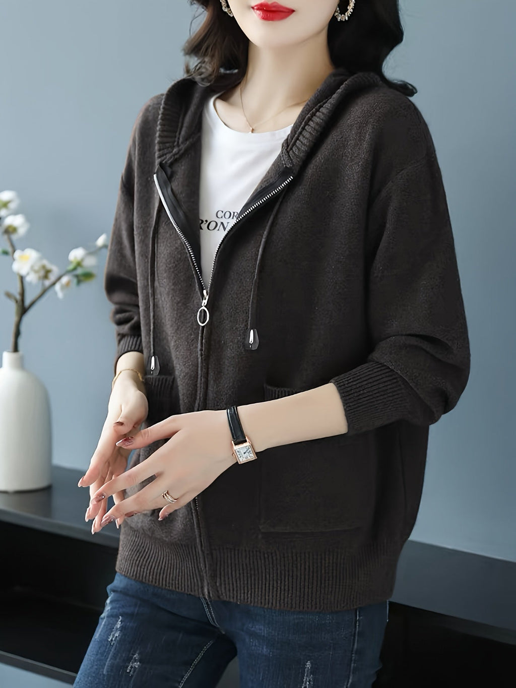 Damski Sweter Rozpinany Kapturowy