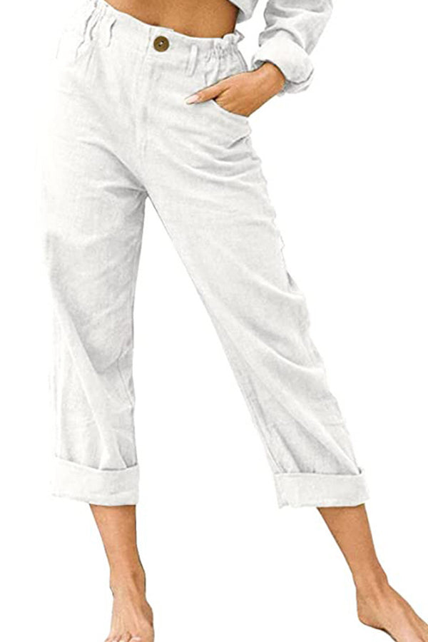 pantalones de algodón y lino de cintura alta de moda sueltos
