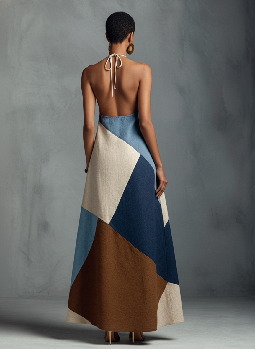 Damska Sukienka Maxi W Łaty Z Dekoltem Halter