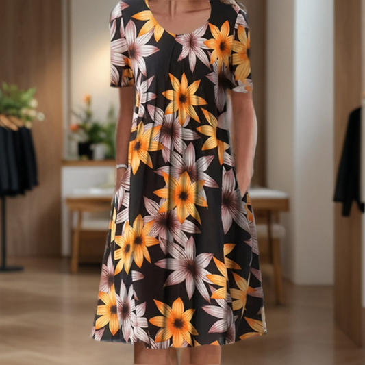 Vestido ancho con cuello redondo, manga tres cuartos y estampado