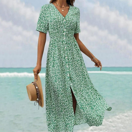 Vestido maxi con mangas cortas y escote en V