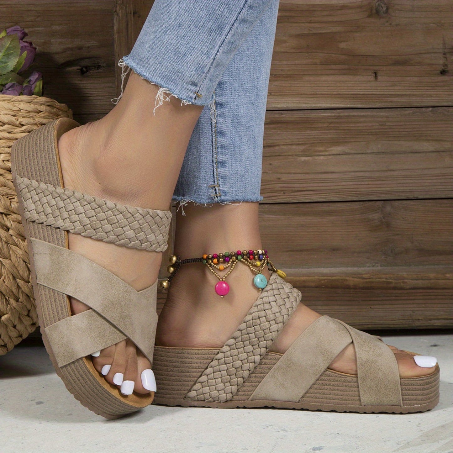 Irma® | Sandalias de tacón de cuña para mujer con tiras trenzadas