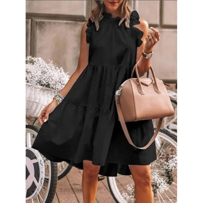 Fashion Dulce liso con volantes mixtos, Vestido línea A con escote redondo