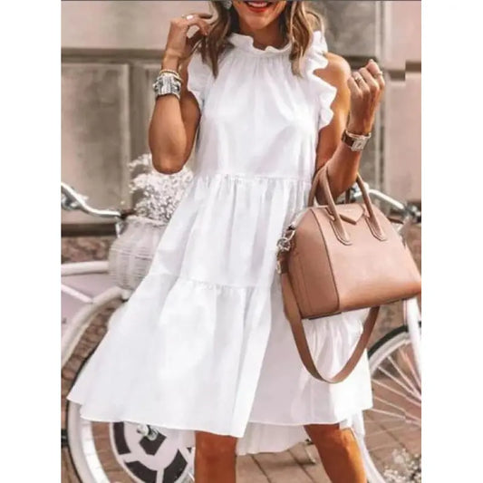 Fashion Dulce liso con volantes mixtos, Vestido línea A con escote redondo