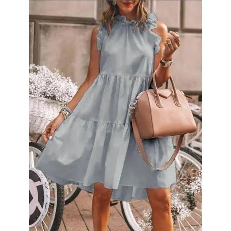 Fashion Dulce liso con volantes mixtos, Vestido línea A con escote redondo