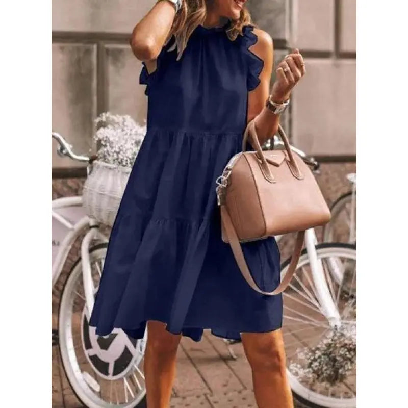 Fashion Dulce liso con volantes mixtos, Vestido línea A con escote redondo