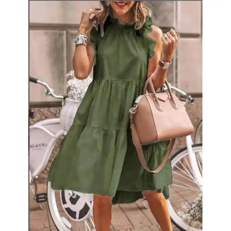 Fashion Dulce liso con volantes mixtos, Vestido línea A con escote redondo