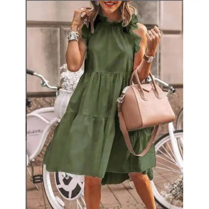 Fashion Dulce liso con volantes mixtos, Vestido línea A con escote redondo