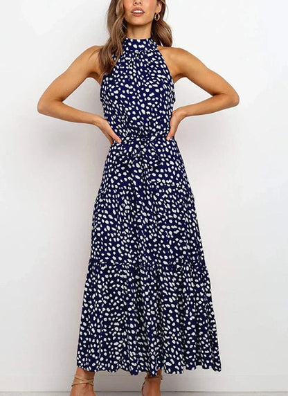 Vestido largo estampado con lazo en la cintura