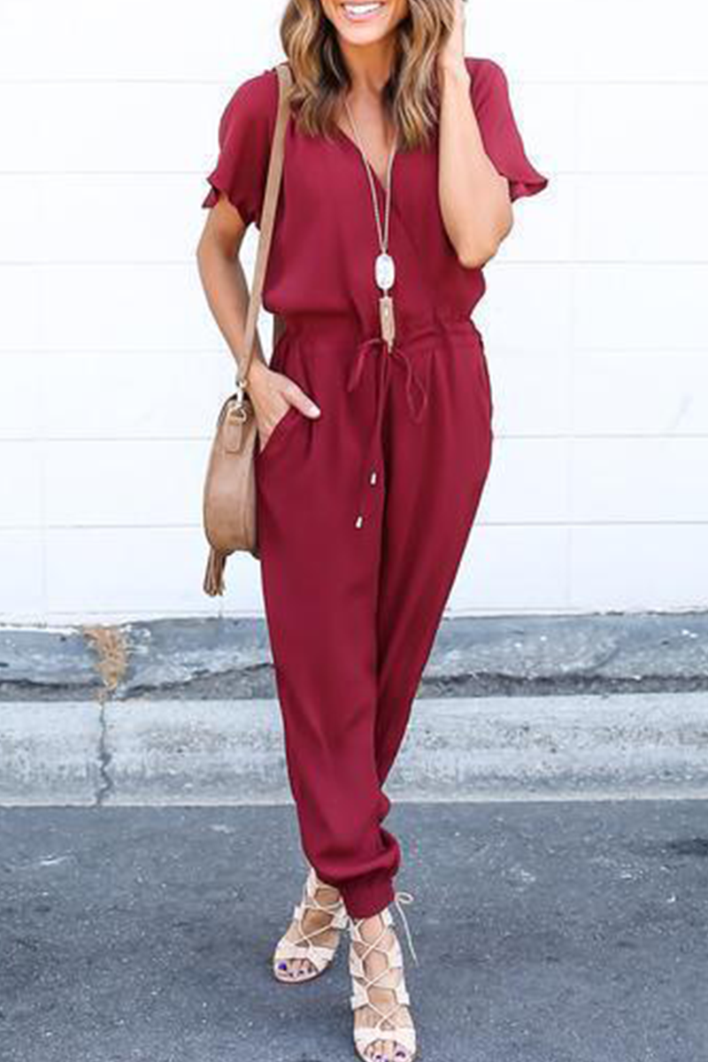 Casual Street Solid Frenulum V Neck Jumpsuits(3 colores)