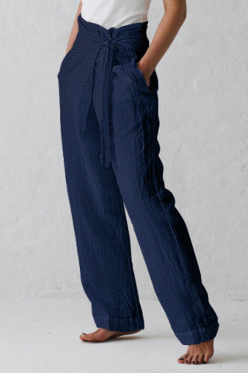 Casual-Solid Strap Design Pantalones rectos de cintura media de color sólido (3 colores)
