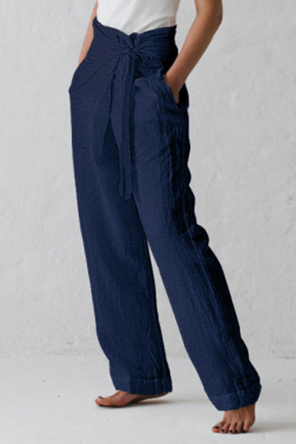 Casual-Solid Strap Design Pantalones rectos de cintura media de color sólido (3 colores)