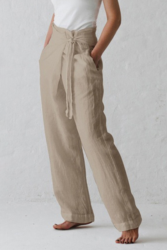 Casual-Solid Strap Design Pantalones rectos de cintura media de color sólido (3 colores)