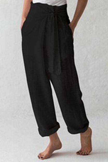 Casual-Solid Strap Design Pantalones rectos de cintura media de color sólido (3 colores)