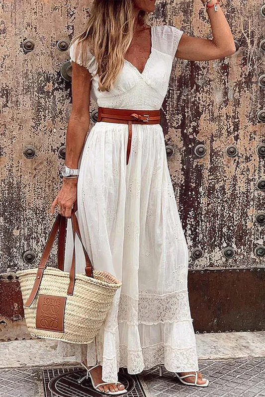 Casual Sólido Patchwork V-Cuello Cintura Falda Vestidos