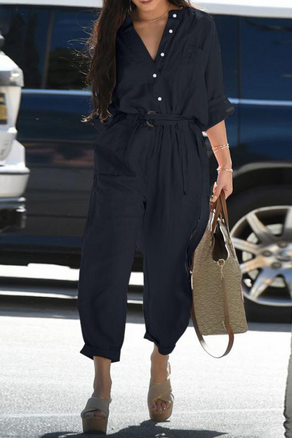 Casual Solid Patchwork V Neck Harlan Jumpsuits (3 colores)