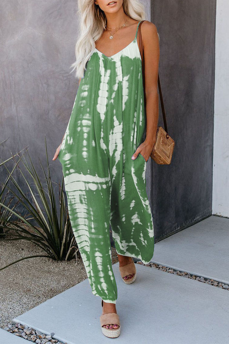 Casual Patchwork Tie-dye Spaghetti Strap Straight Jumpsuits (10 colores)