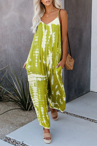 Casual Patchwork Tie-dye Spaghetti Strap Straight Jumpsuits (10 colores)