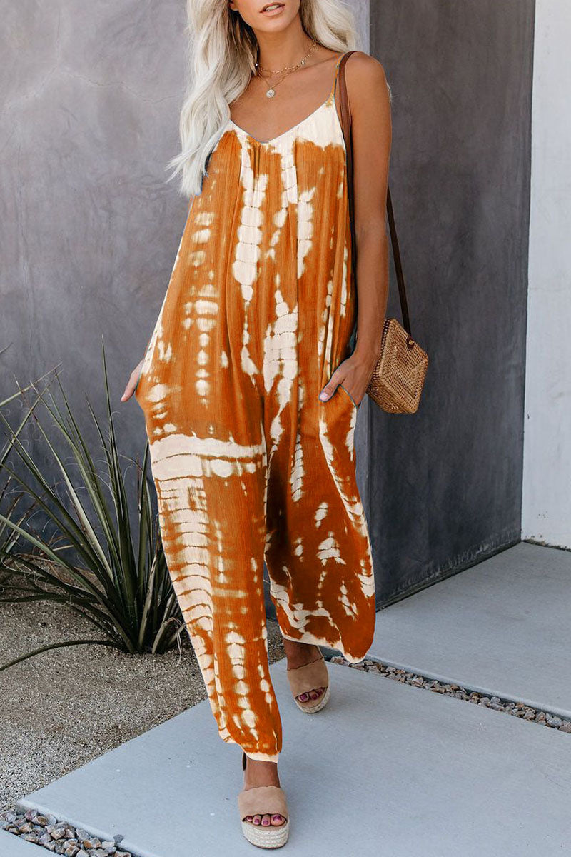 Casual Patchwork Tie-dye Spaghetti Strap Straight Jumpsuits (10 colores)
