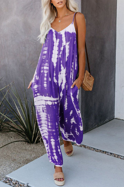 Casual Patchwork Tie-dye Spaghetti Strap Straight Jumpsuits (10 colores)