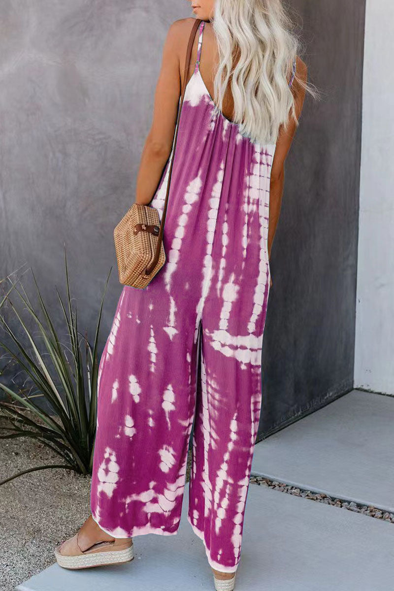 Casual Patchwork Tie-dye Spaghetti Strap Straight Jumpsuits (10 colores)