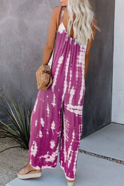 Casual Patchwork Tie-dye Spaghetti Strap Straight Jumpsuits (10 colores)