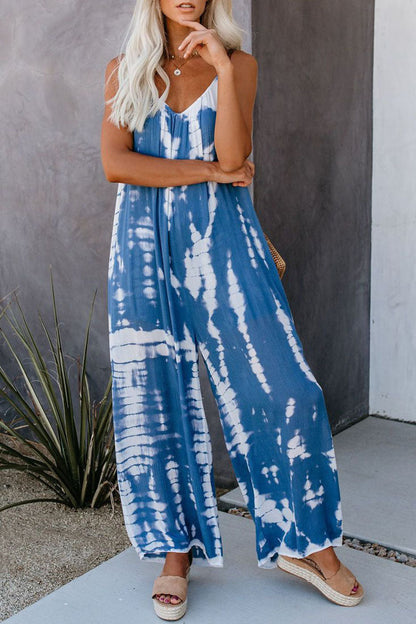Casual Patchwork Tie-dye Spaghetti Strap Straight Jumpsuits (10 colores)