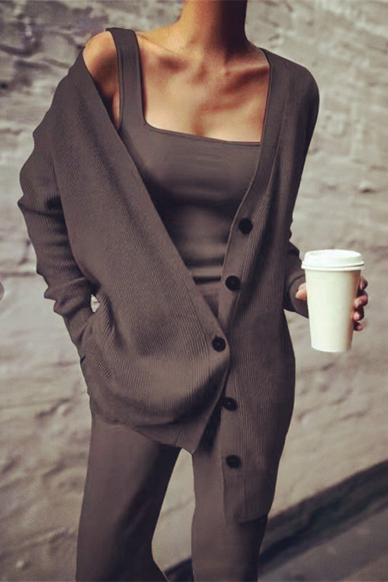 Casual Solid Cardigan Chaleco Pantalones Cuello Cuadrado Mangas Largas Conjunto de Tres Piezas (3 Colores)