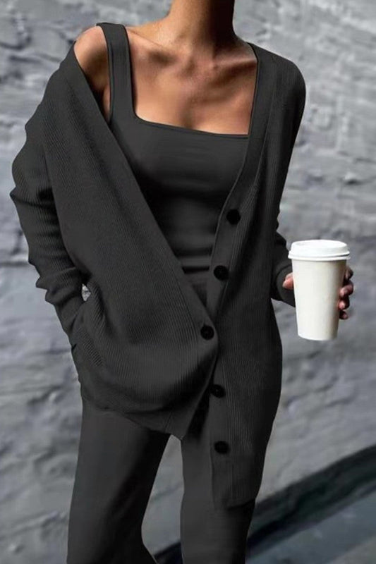 Casual Solid Cardigan Chaleco Pantalones Cuello Cuadrado Mangas Largas Conjunto de Tres Piezas (3 Colores)