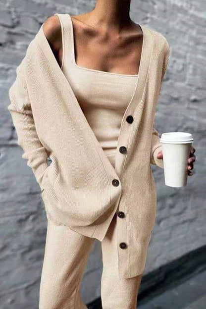 Casual Solid Cardigan Chaleco Pantalones Cuello Cuadrado Mangas Largas Conjunto de Tres Piezas (3 Colores)