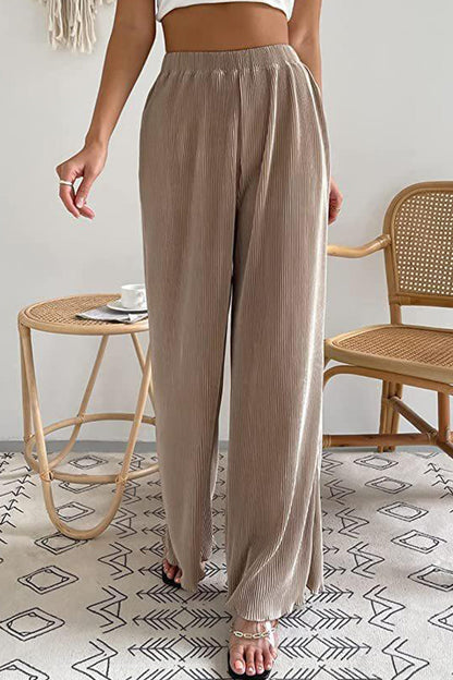 Casual Simplicity Sólido Plisado Suelto Cintura Alta Tubo Ancho Pantalones Color Sólido (7 Colores)