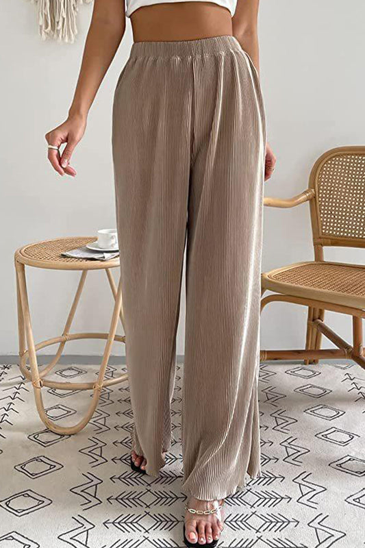 Casual Simplicity Sólido Plisado Suelto Cintura Alta Tubo Ancho Pantalones Color Sólido (7 Colores)