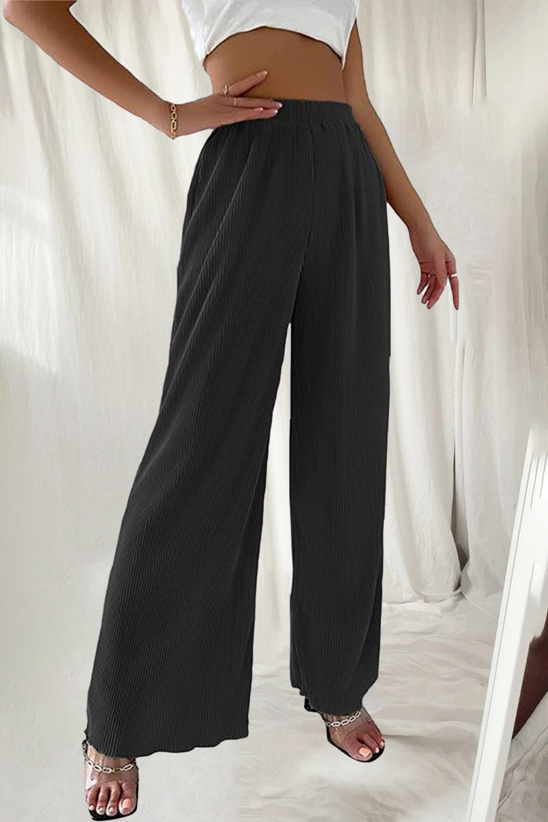 Casual Simplicity Sólido Plisado Suelto Cintura Alta Tubo Ancho Pantalones Color Sólido (7 Colores)