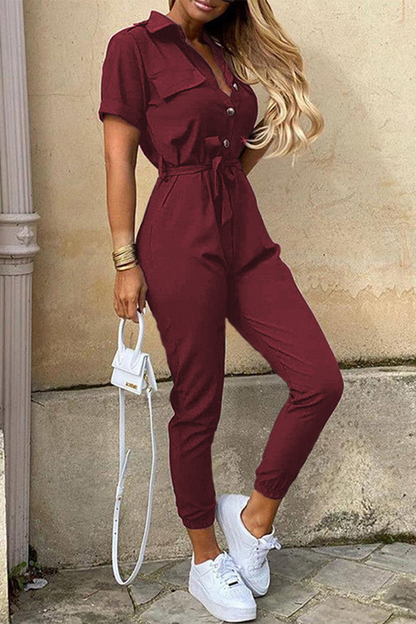 Casual Everyday Solid Frenulum with Belt Turndown Collar Regular Jumpsuits(10 colores)