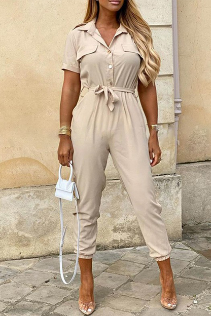 Casual Everyday Solid Frenulum with Belt Turndown Collar Regular Jumpsuits(10 colores)